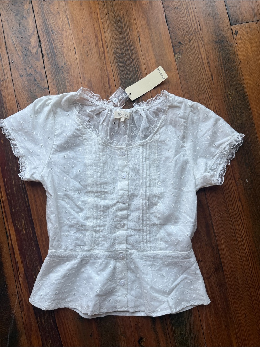 Roolee White Eyelet Lace-Trim Button Front Blouse